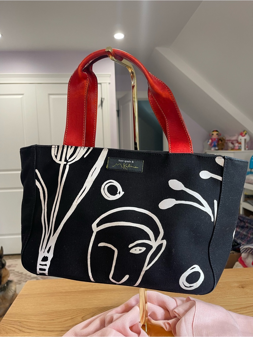 kate spade Black Canvas Tote with White Graphic and Red Handles